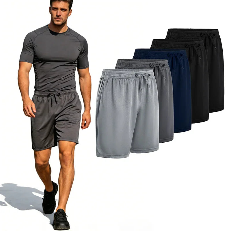 Set of five men's casual drawstring shorts in various neutral and dark colours