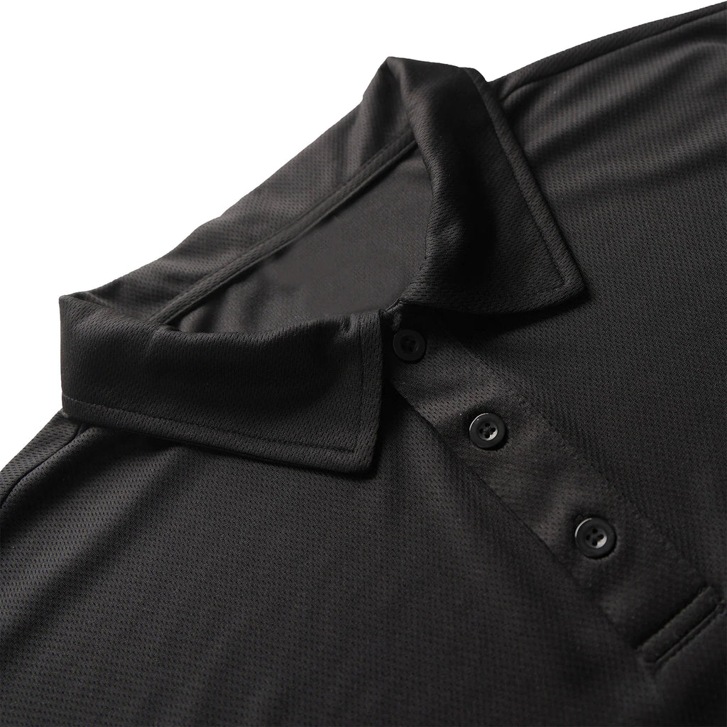 A close-up view of the collar and button placket of a black breathable polo shirt.