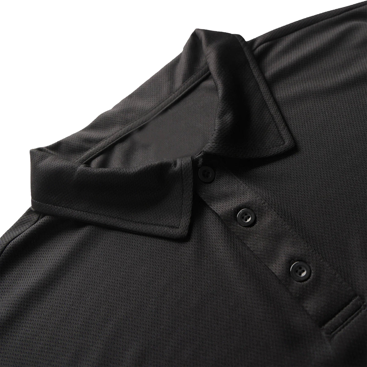 A close-up view of the collar and button placket of a black breathable polo shirt.