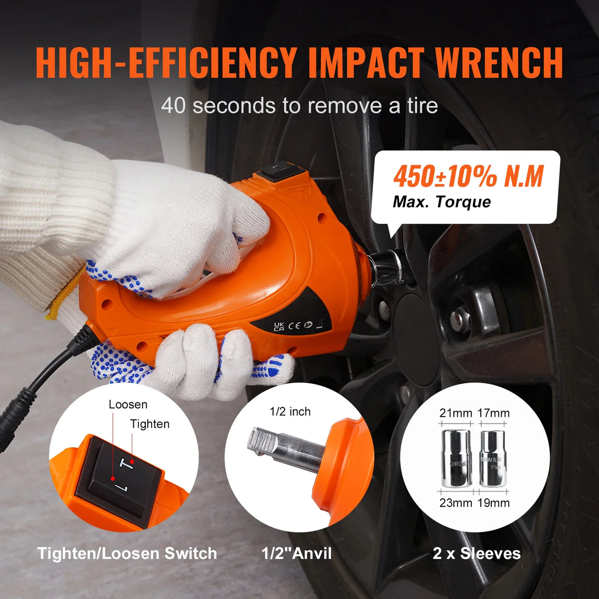 Orange electric impact wrench being used on a car wheel with socket accessories shown