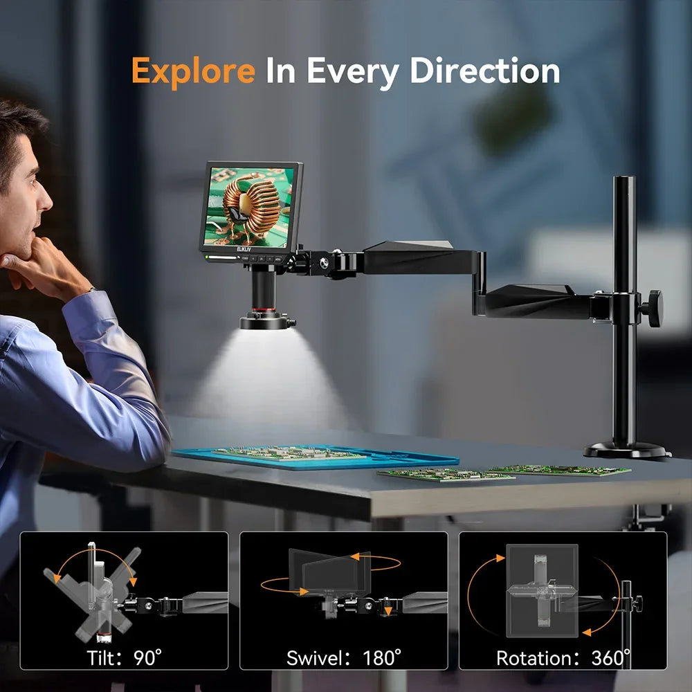 Digital microscope showing swivel, tilt, and rotation range