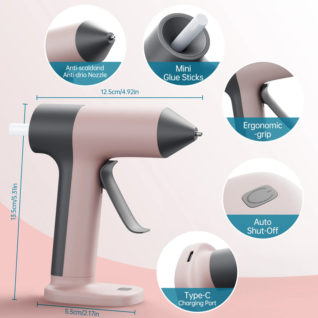 Annotated product images showing dimensions and features of a cordless glue gun