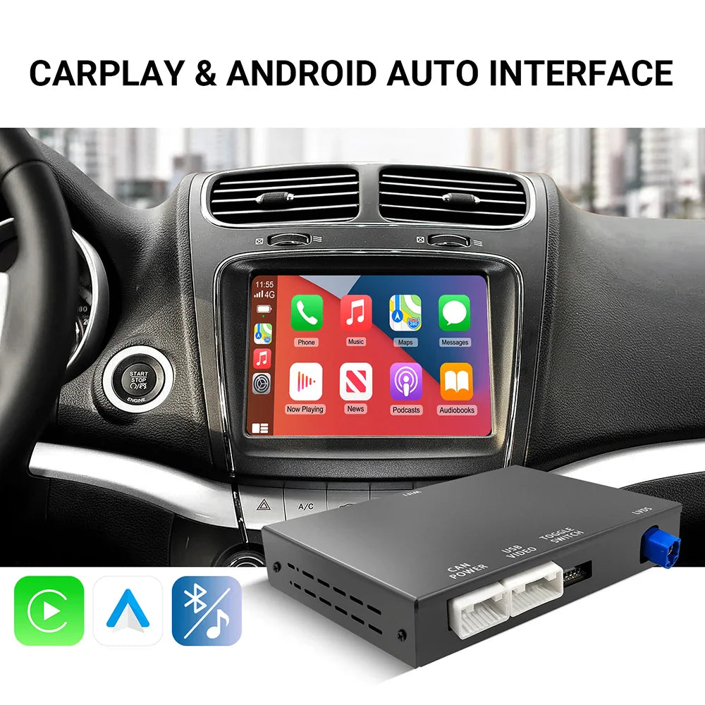 Wireless CarPlay and Android Auto decoder unit on car dashboard