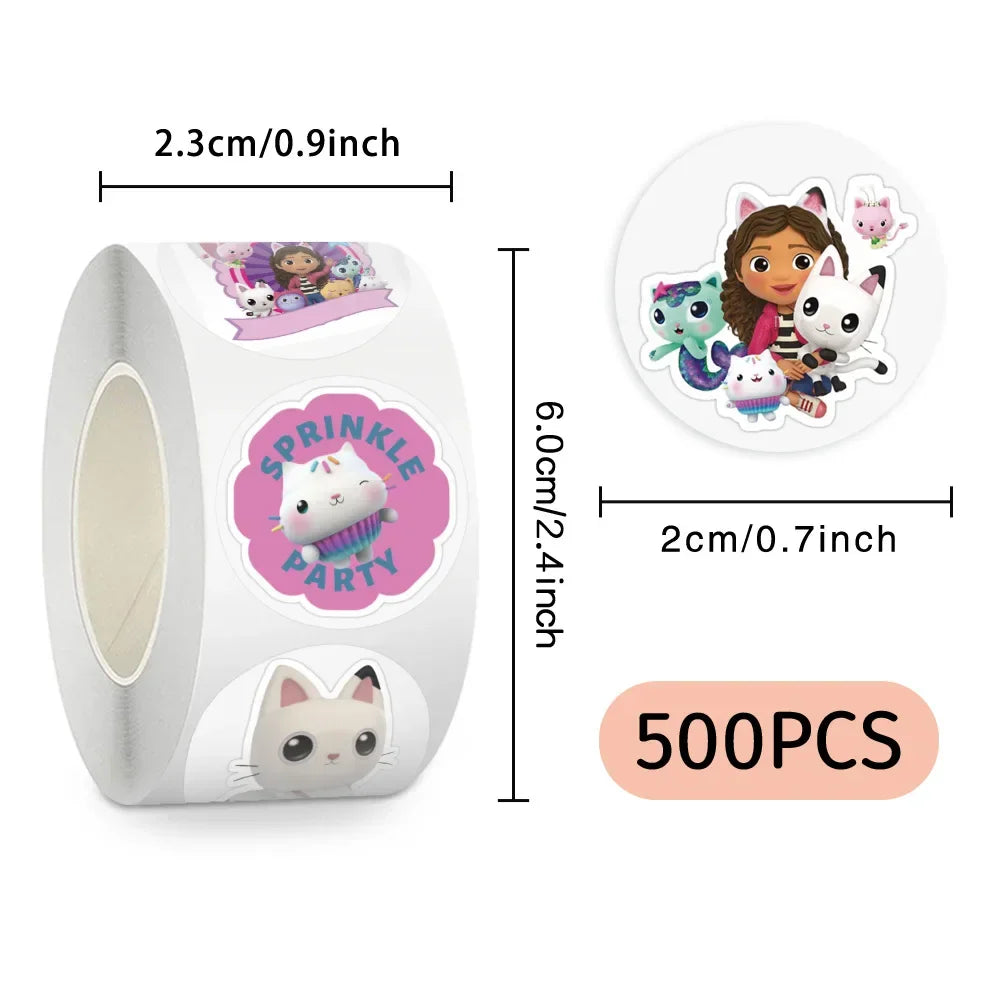 A roll of circular cartoon stickers with labels showing dimensions and the total quantity.