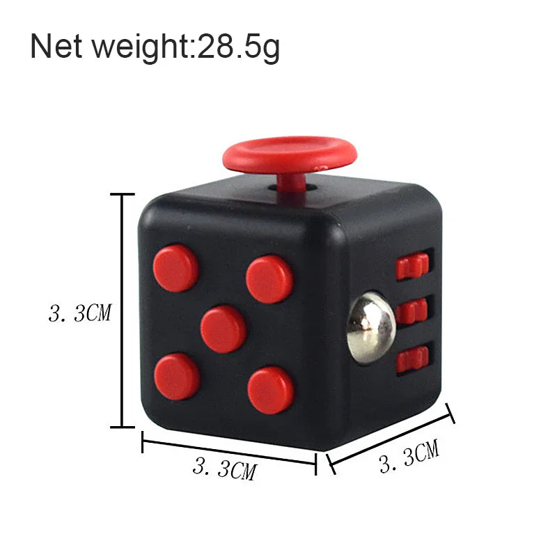 A black and red fidget cube showing its dimensions and weight.