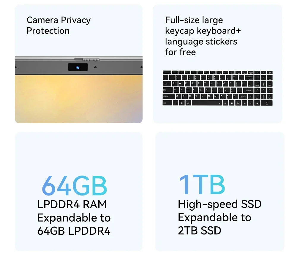 Details of a laptop camera cover, full-size keyboard, and memory and storage capacity options.