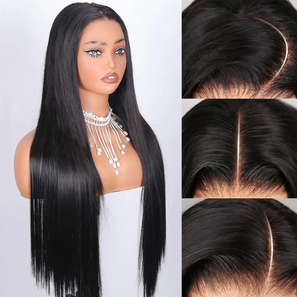 A mannequin wearing a straight black lace front wig and close-up views of the parting and hairline.