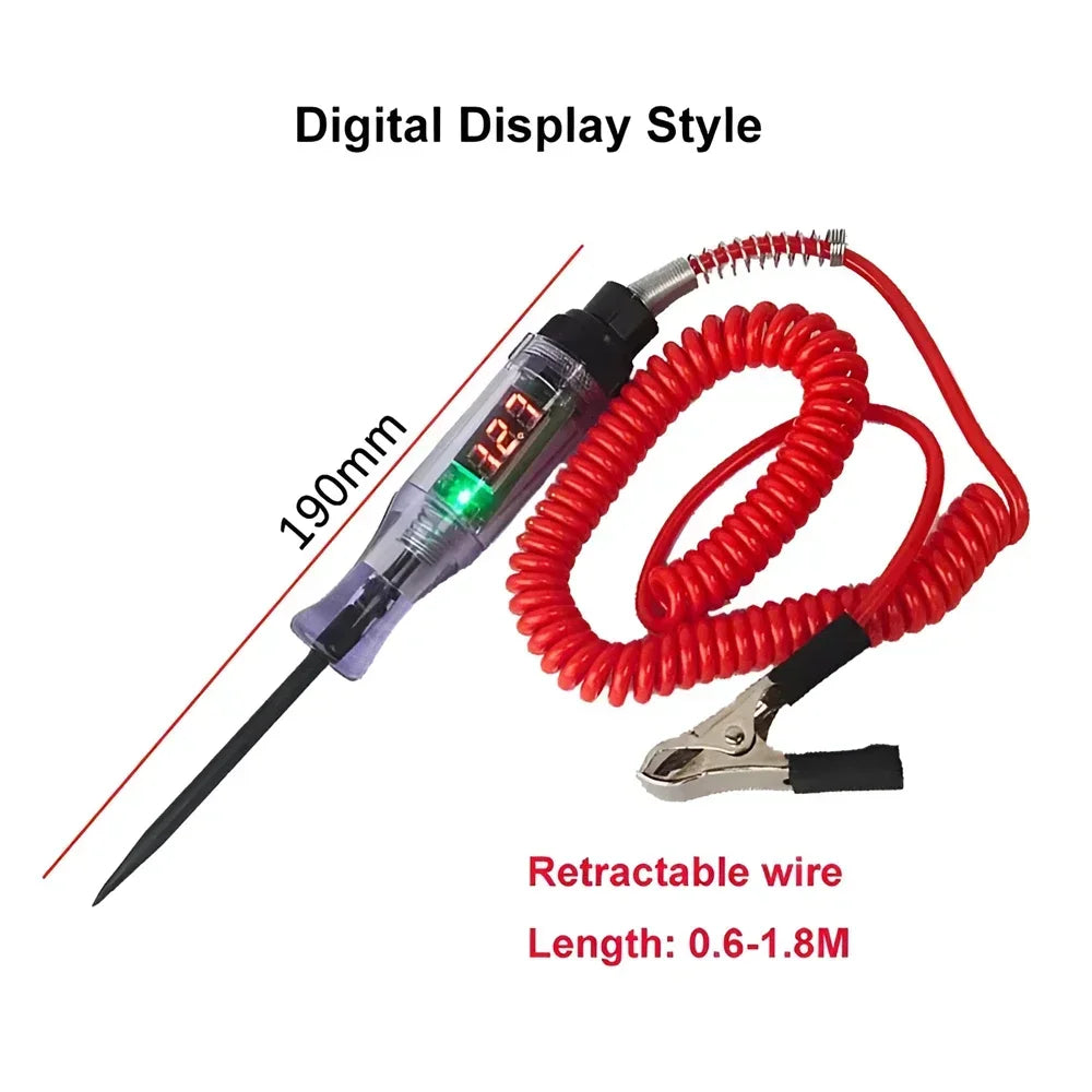 Digital automotive circuit tester voltage probe with labeled dimensions