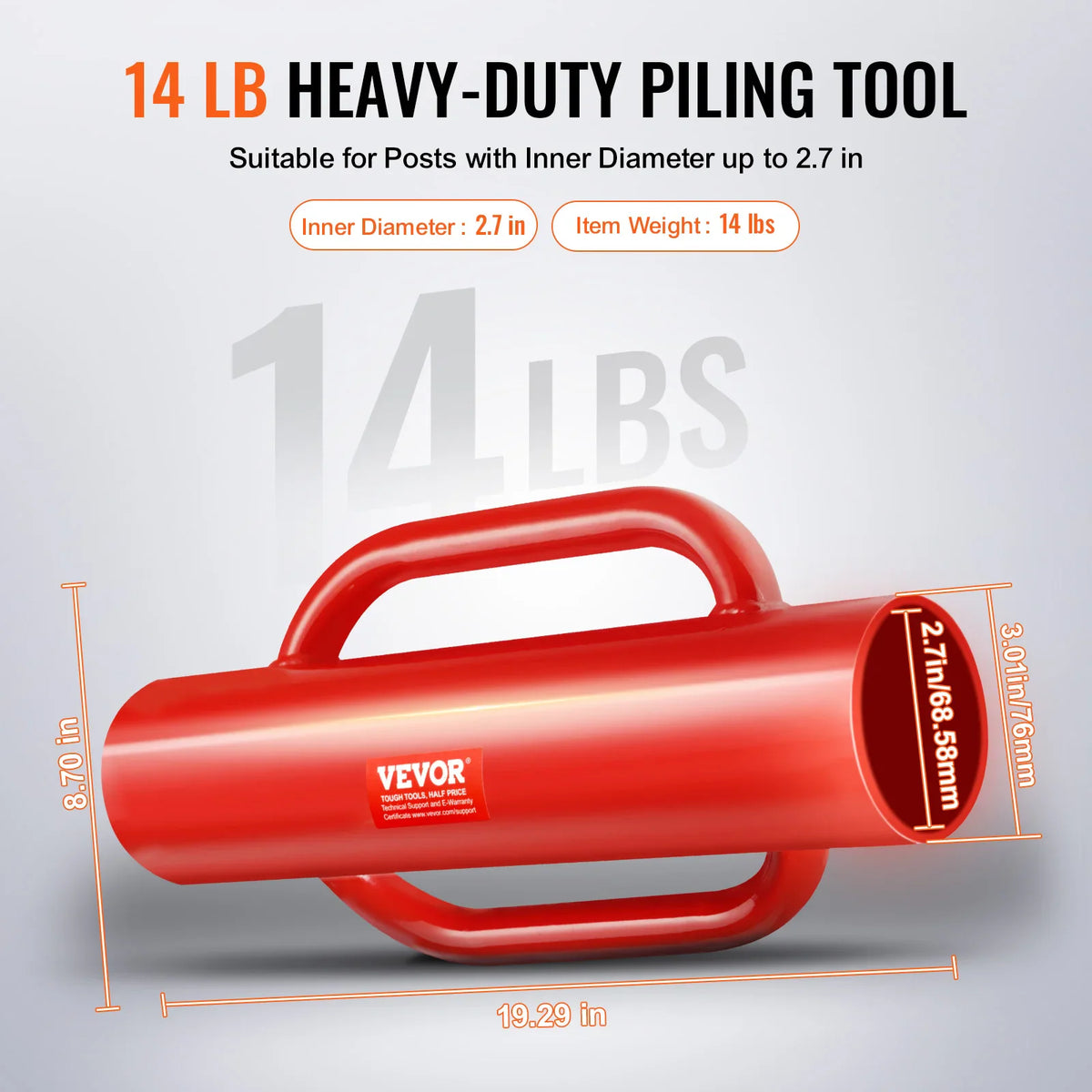 Red manual fence post driver with measurement annotations showing size and weight