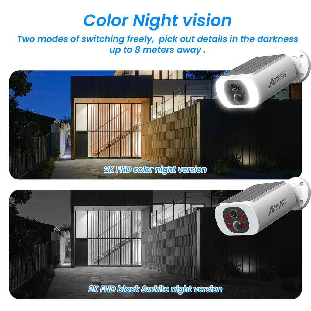 Side-by-side comparison of color and black and white night vision camera footage
