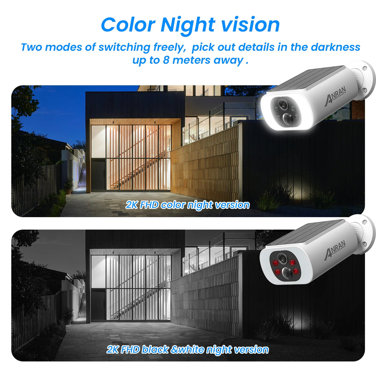 Side-by-side comparison of color and black and white night vision camera footage