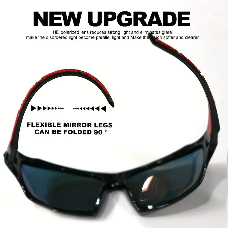Polarized sports sunglasses demonstrating flexible temple arms with text overlay about the folding feature.