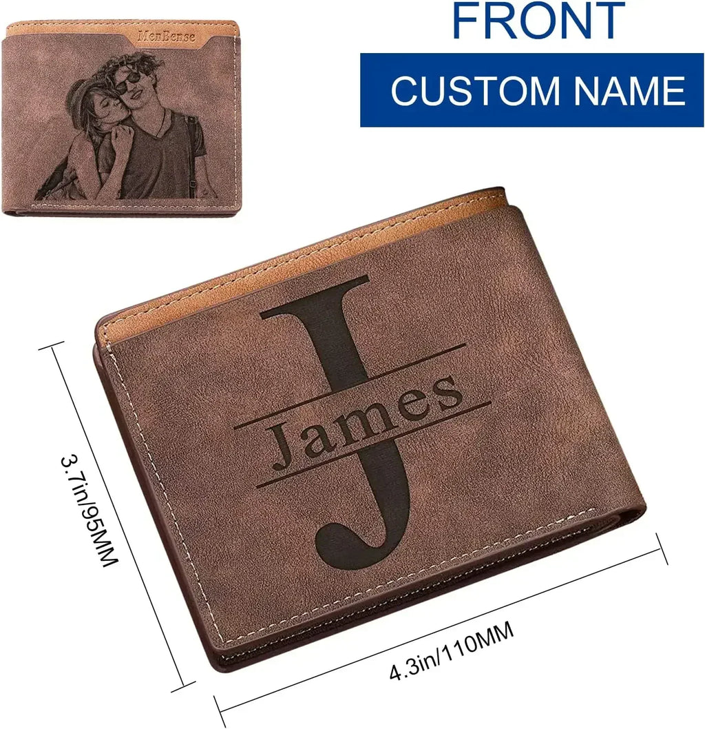 Brown leather custom bifold wallet with photo engraving and size dimensions