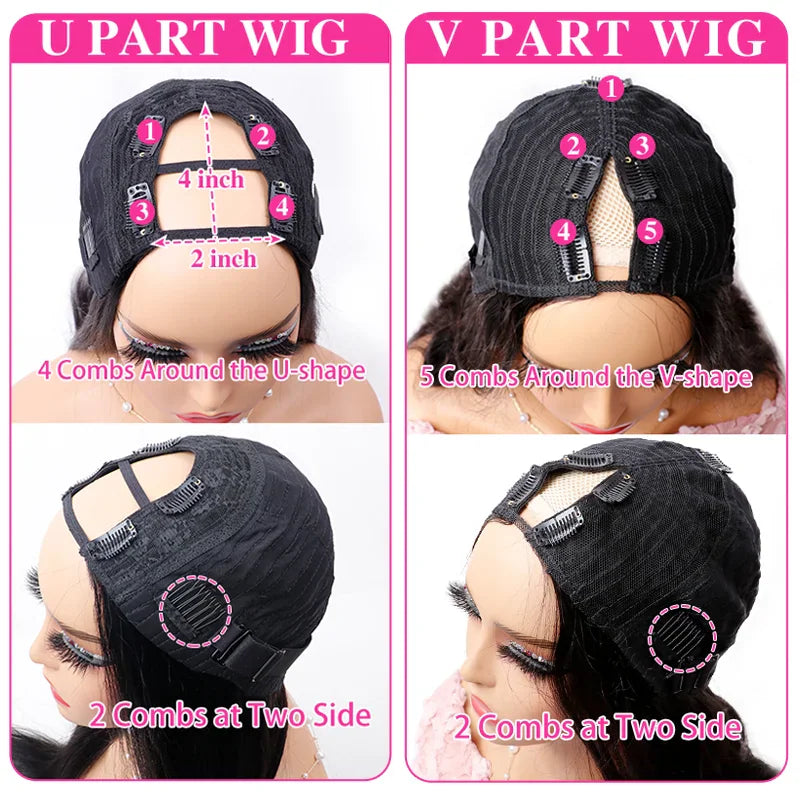 Comparison diagram showing features and comb placement for U-part and V-part hair wigs.