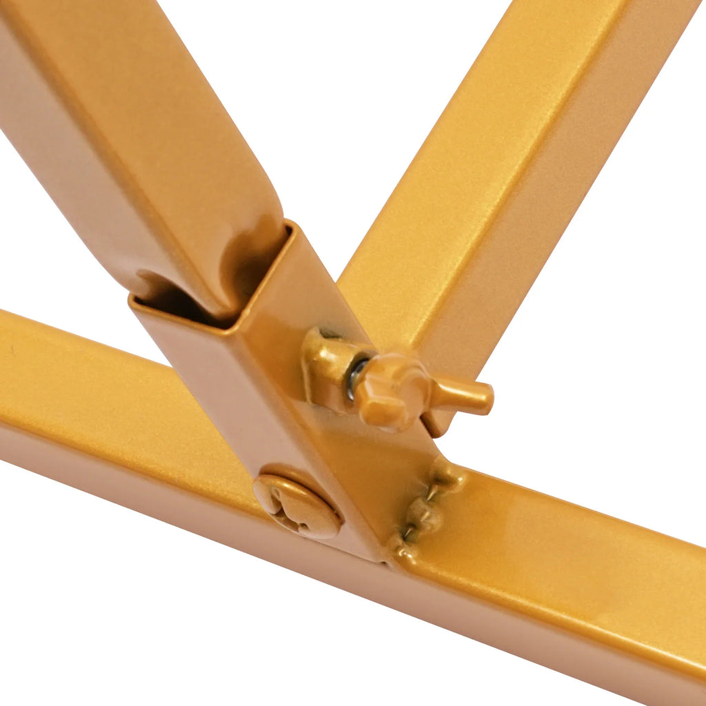 Close-up of the assembled metal joint of the gold display stand