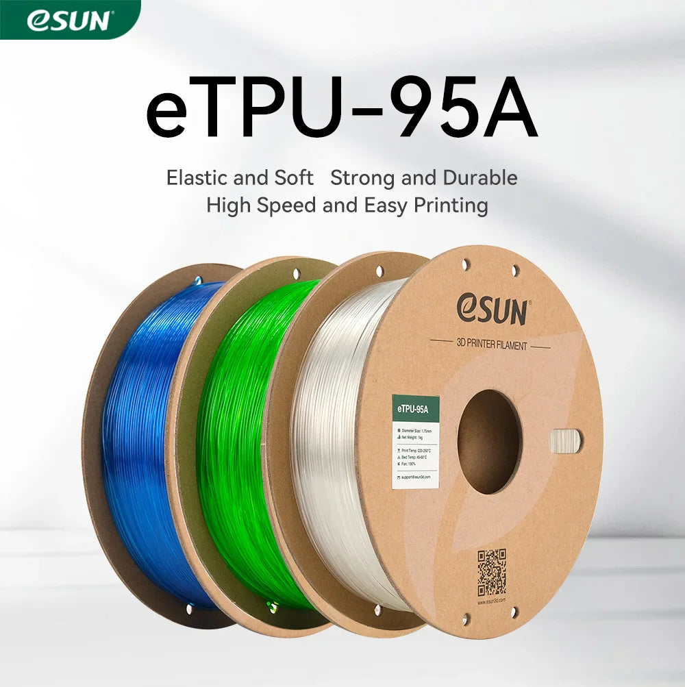 Three spools of eTPU-95A 3D printer filament in blue, green, and white.