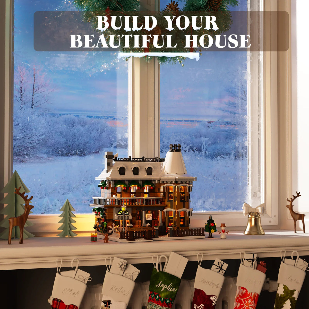Christmas house building block model displayed on a windowsill