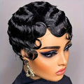 Short black finger wave pixie cut wig on a mannequin head.