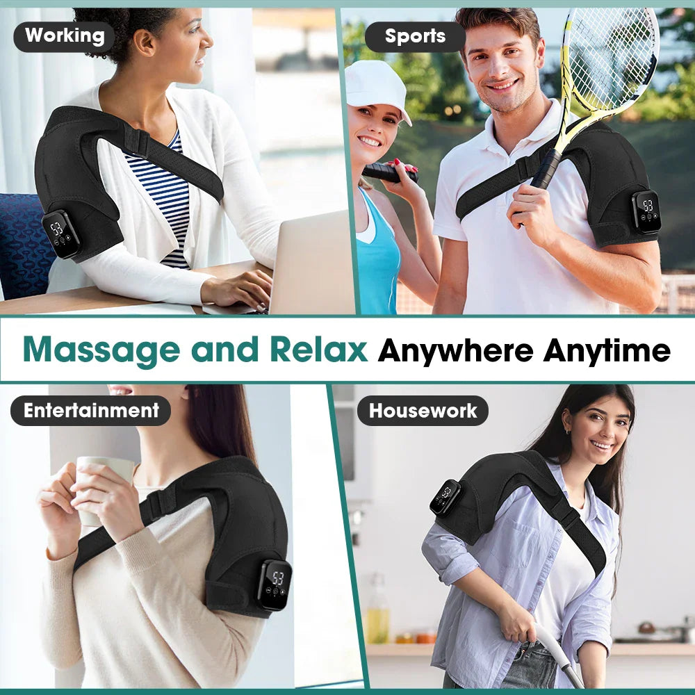 Four people using a portable heated shoulder massager during work, sports, home and housework