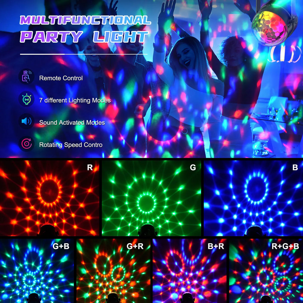 Multifunctional LED party light display showing various color patterns and party settings