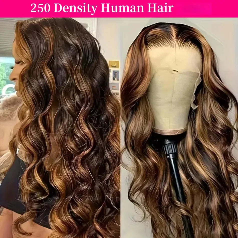 Highlight P4/27 body wave human hair lace front wig with natural dark roots and golden blonde highlights.