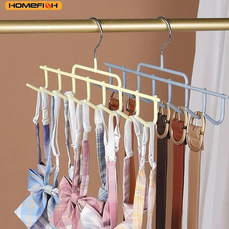 Multi-hook hangers used to organize belts and neckties in a wardrobe