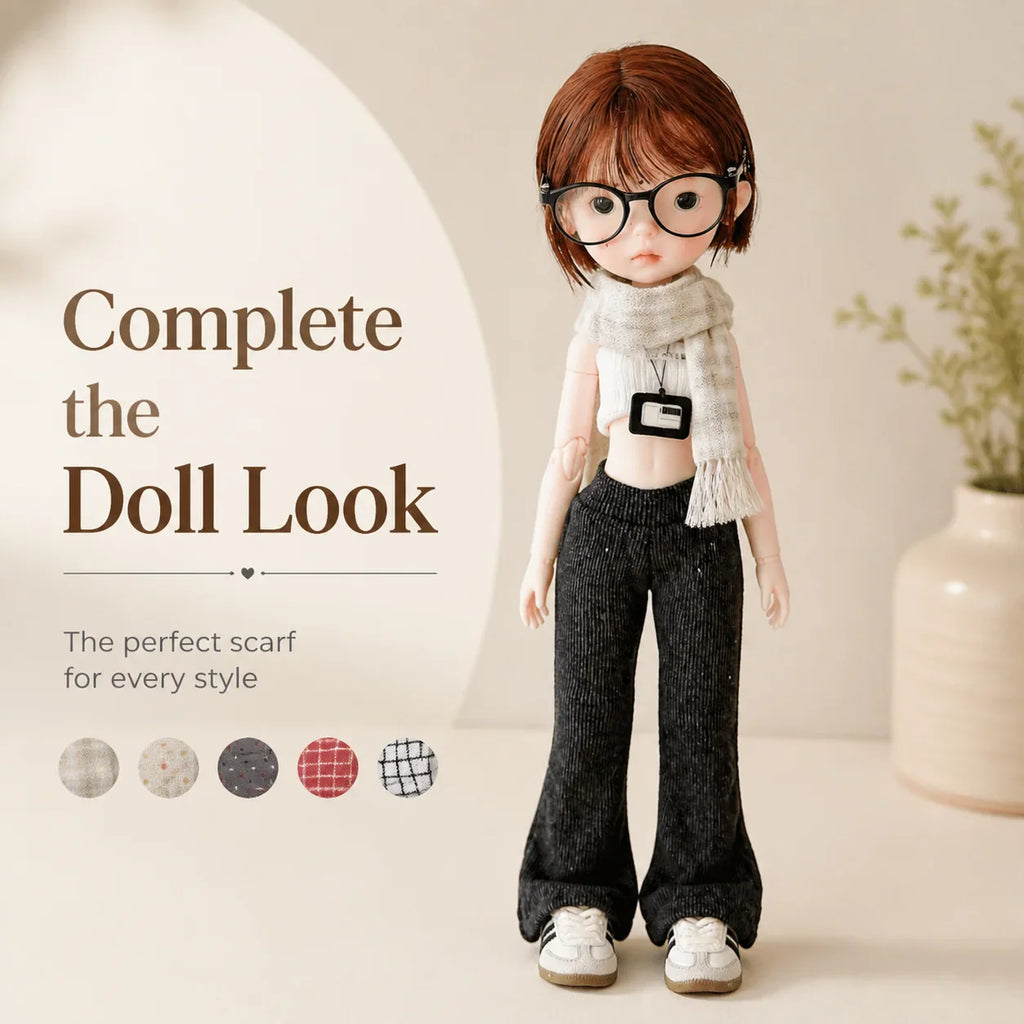 A doll model wearing a plaid scarf with small color swatches beside it