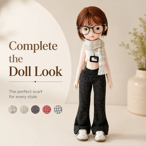 A doll model wearing a plaid scarf with small color swatches beside it