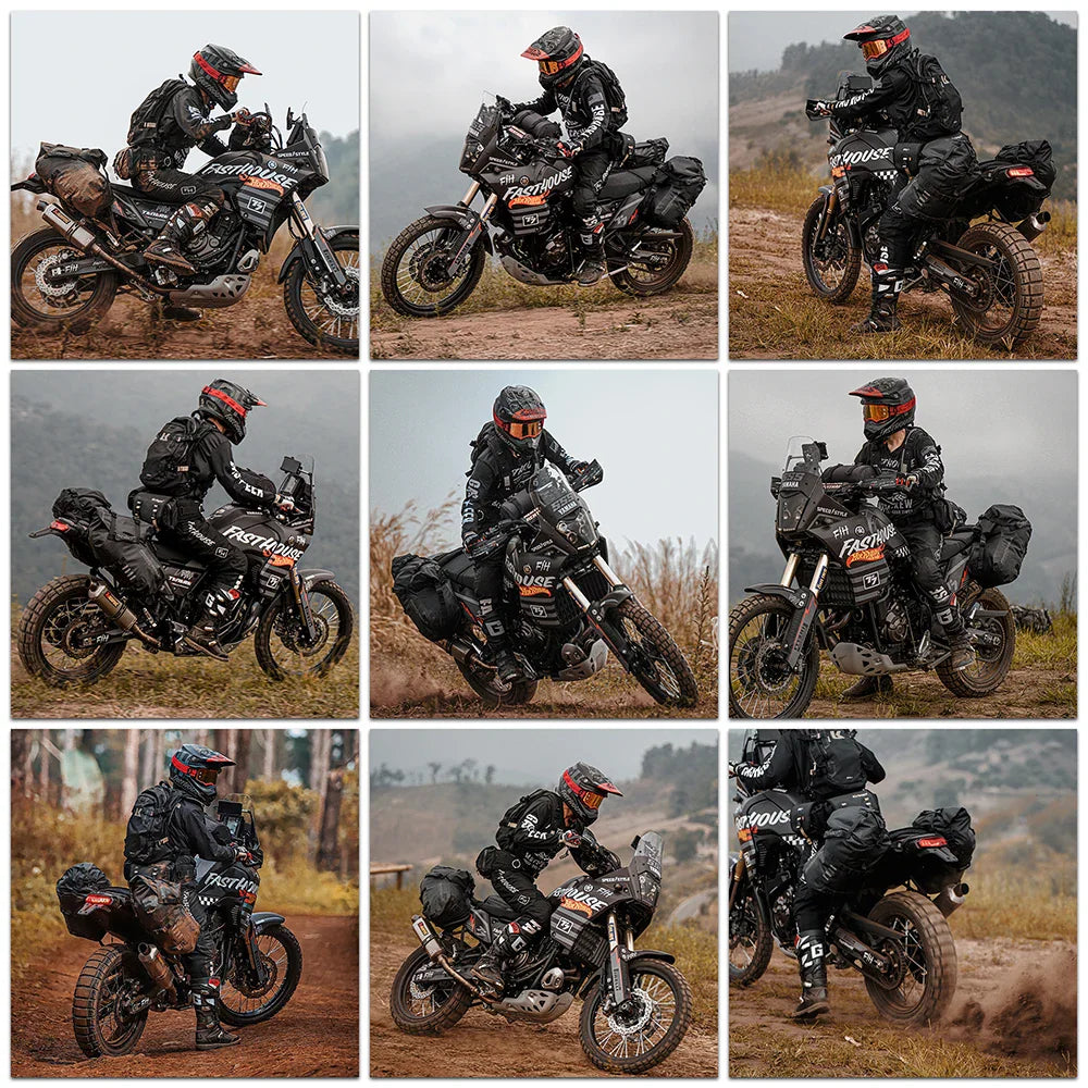 Collage of motorcyclists riding dirt bikes and touring motorcycles with luggage bags