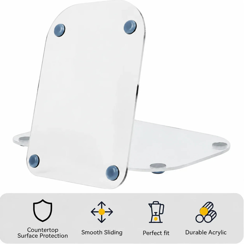 Two clear acrylic sliding trays with protective feet and benefit icons at the bottom