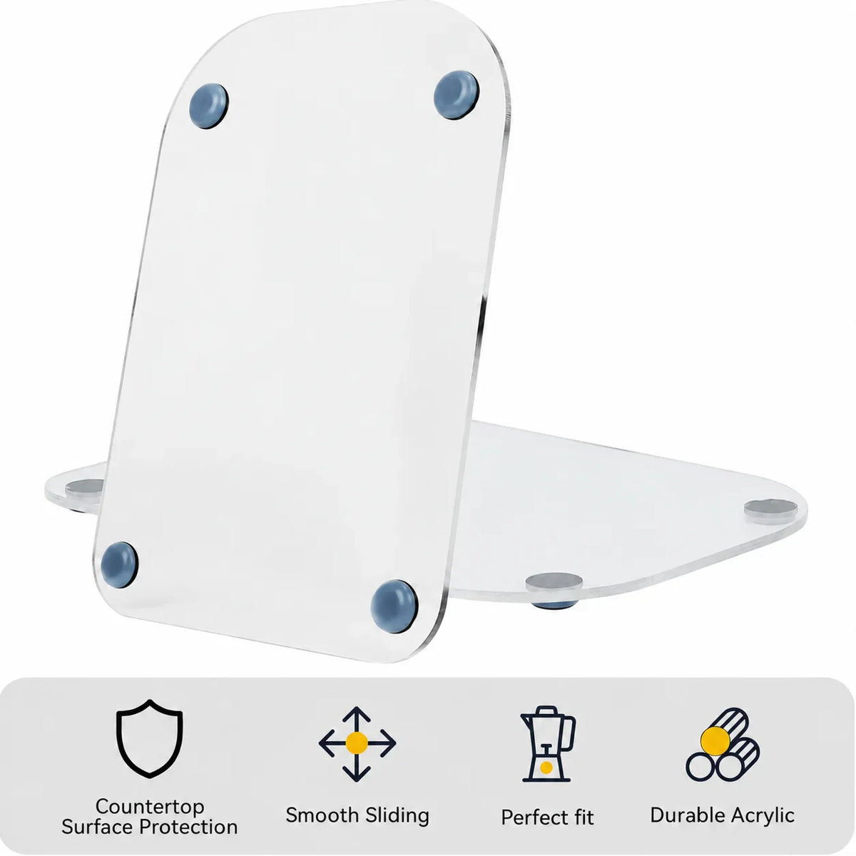Two clear acrylic sliding trays with protective feet and benefit icons at the bottom
