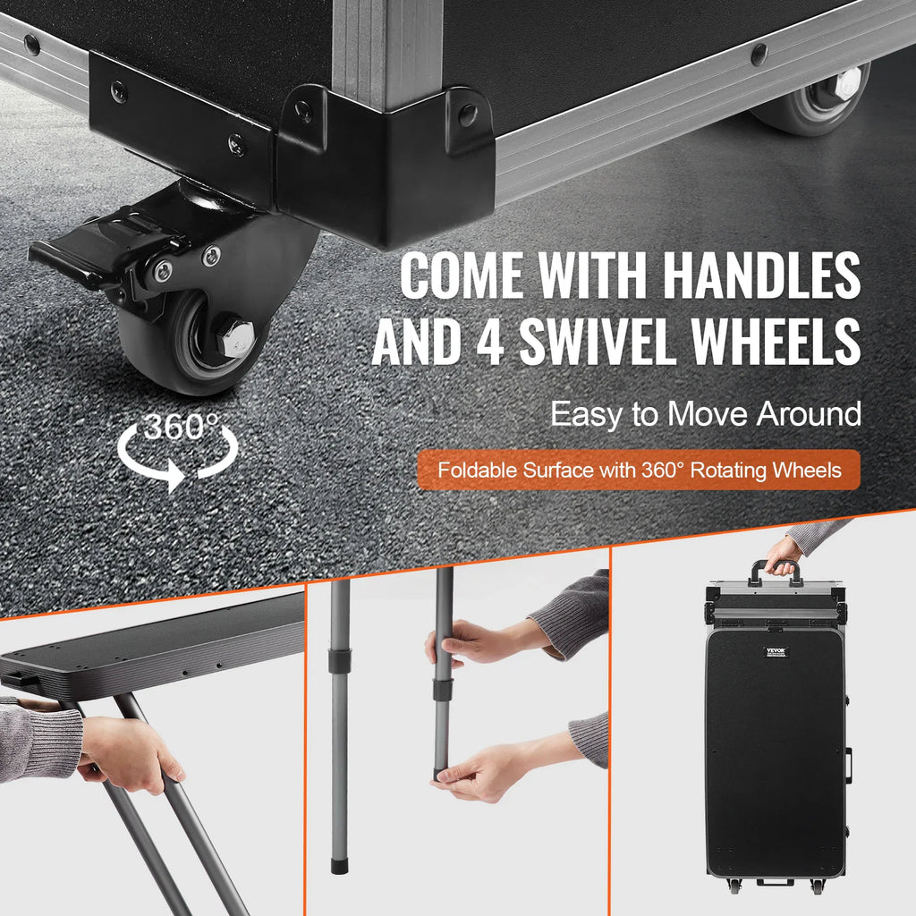 Rolling black makeup case showing 360 degree swivel wheels and adjustable table leg mechanism