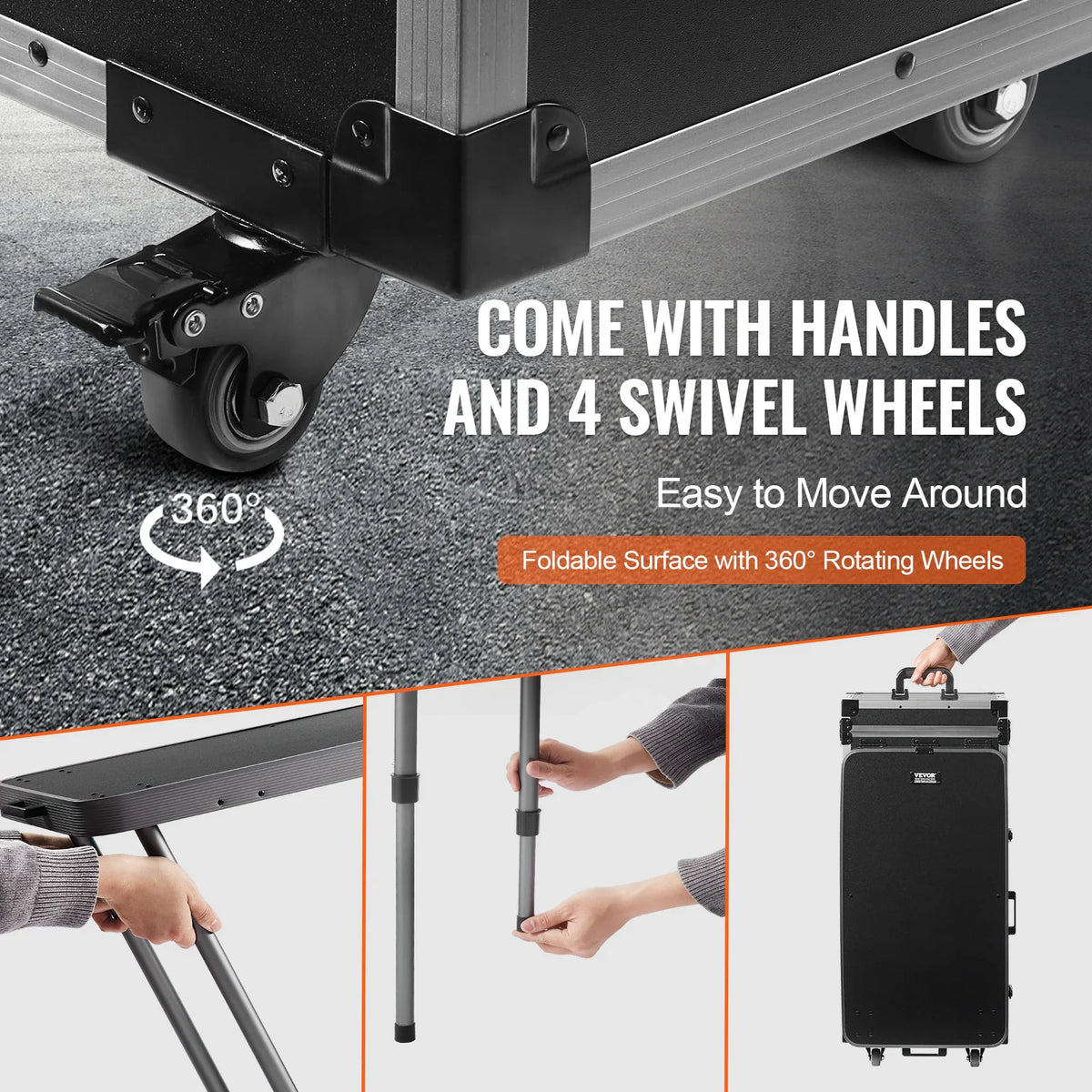 Rolling black makeup case showing 360 degree swivel wheels and adjustable table leg mechanism