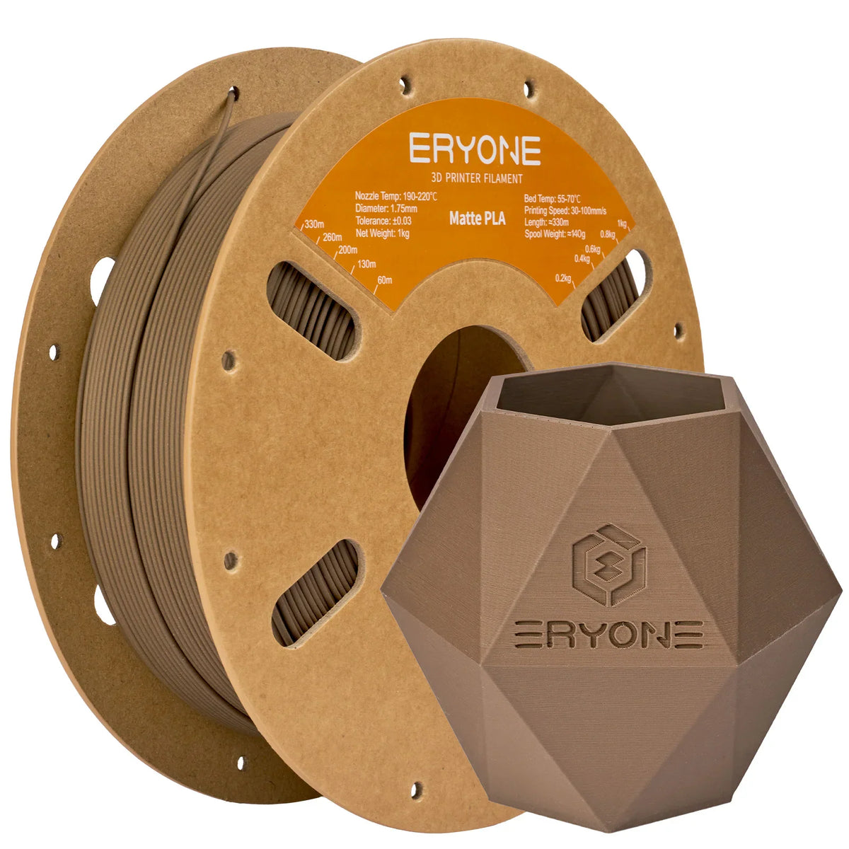 Brown matte 3D printer filament on a spool with a 3D printed geometric vase