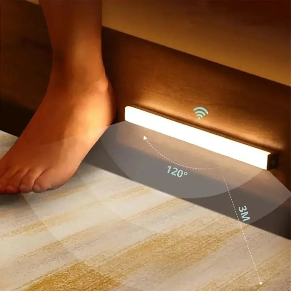 Floor level LED light bar with motion sensor and illumination range indicator