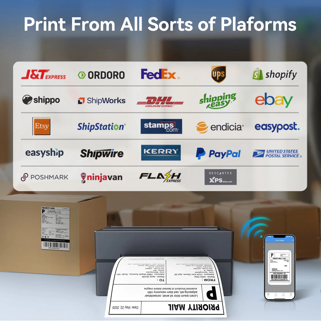 A thermal label printer printing shipping labels with logos of compatible platforms
