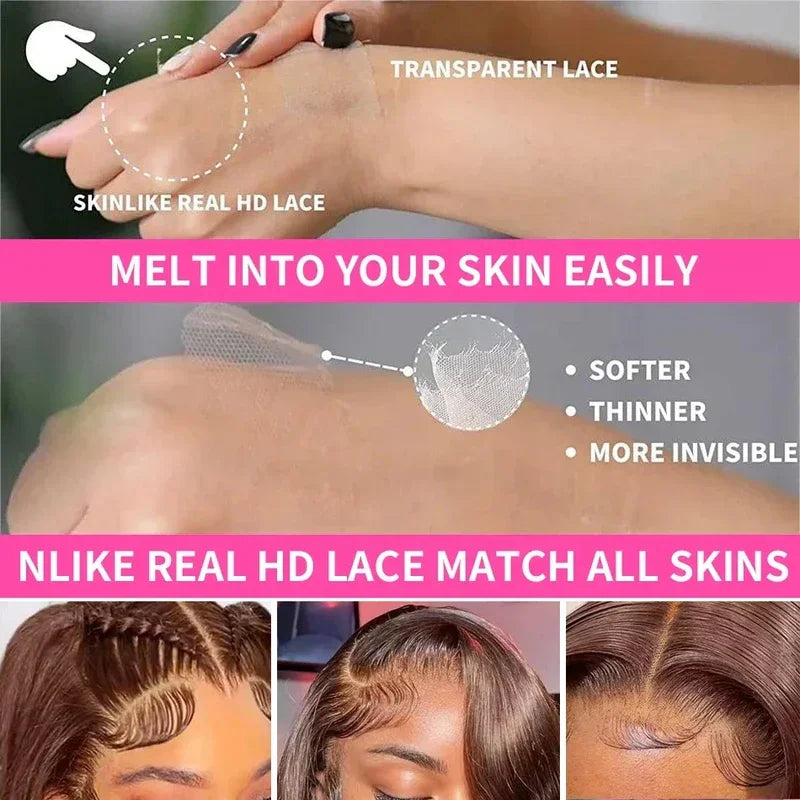 Demonstration of transparent HD lace on a wig showing its thinness and natural appearance