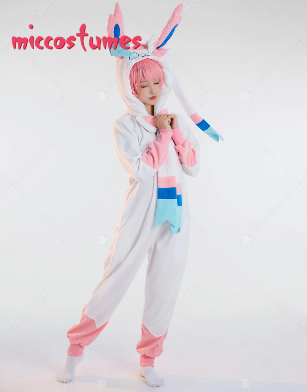 White and pink hooded one-piece loungewear with long ear details