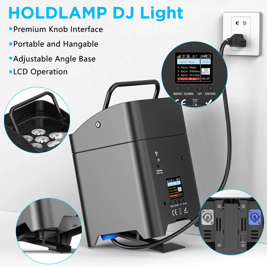 Close-up features of a wireless DJ stage light showing LCD display, power connection, and adjustable base