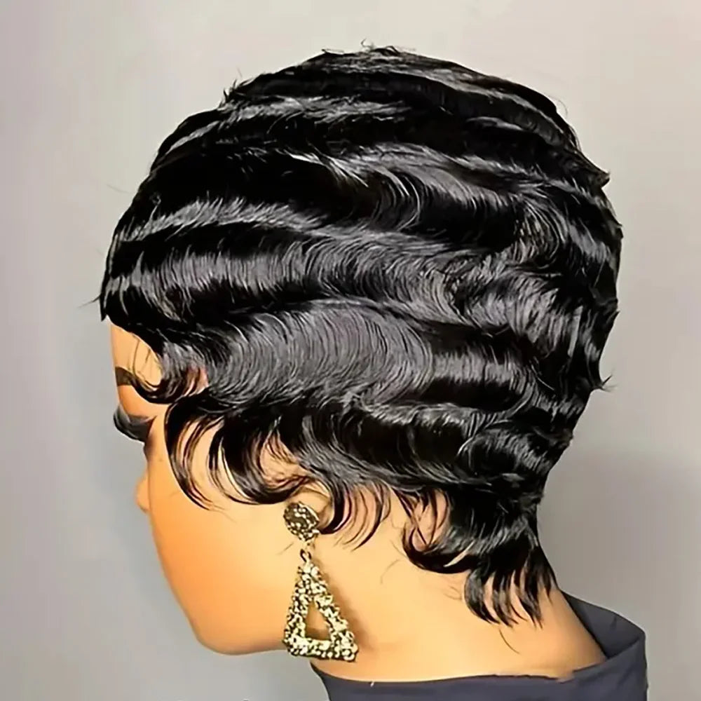 Back view of a short black finger wave pixie cut wig on a mannequin head.