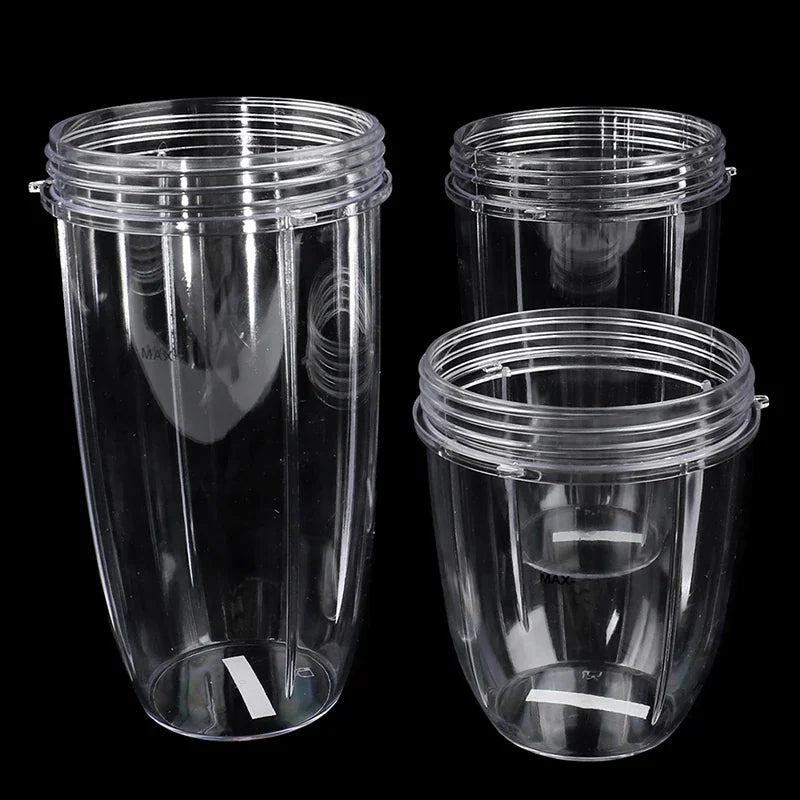 Three different sizes of clear plastic replacement blender cups for bullet-style juicers.