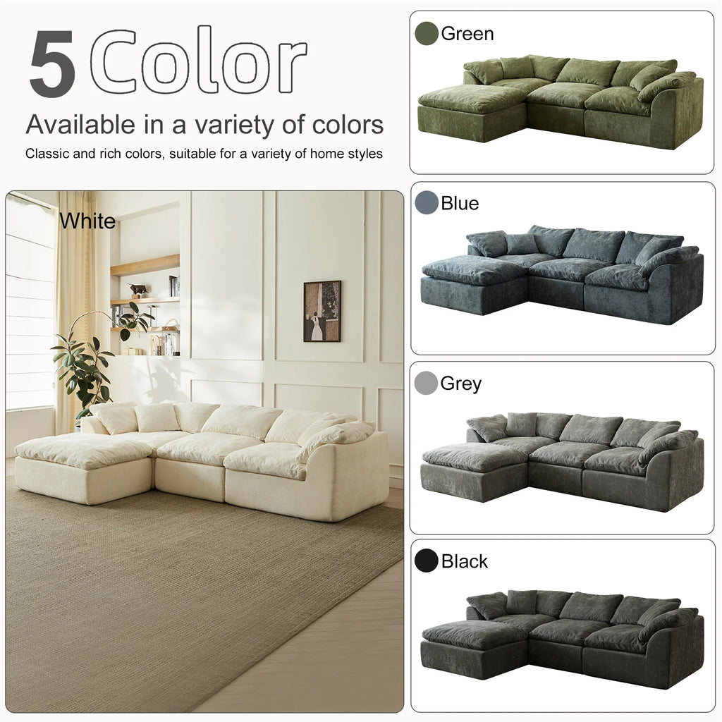 Color options for the modular sofa including green, blue, grey, white and black.