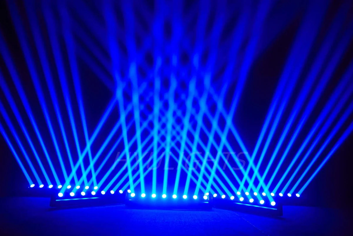 Three LED bar beam lights creating blue light beams in a dark environment