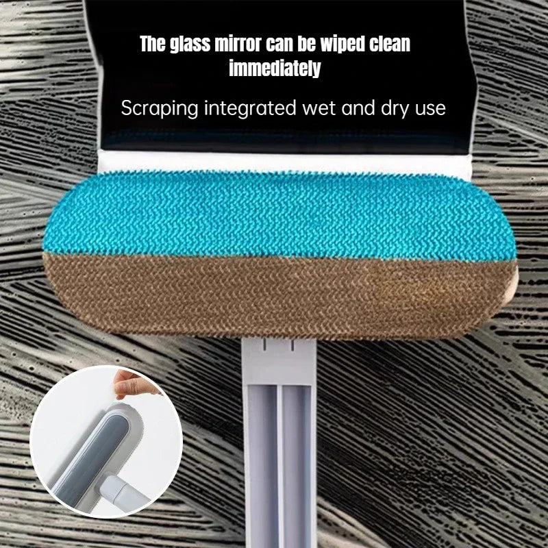 Pet hair remover tool being used on a glass surface to clean soap residue