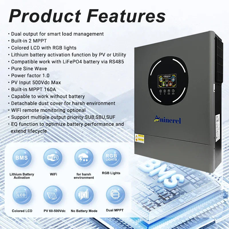 Grey solar inverter unit with a circular display screen