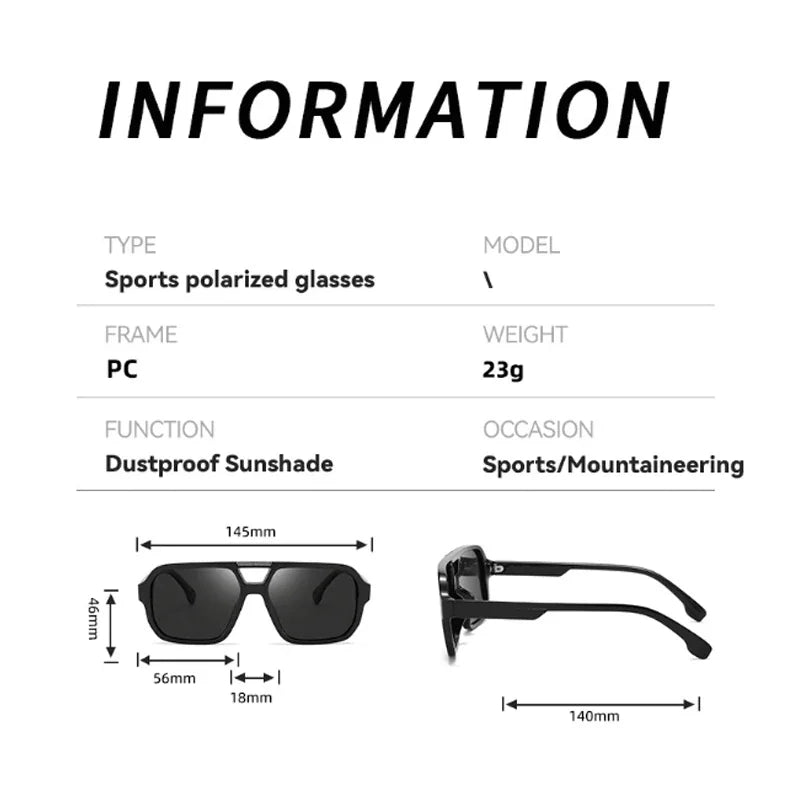 Product specification and dimension chart for black polarized sunglasses