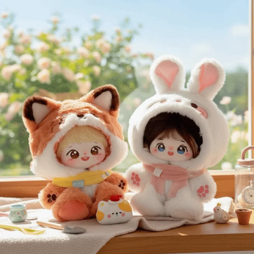 Two plush 20cm dolls wearing fox and rabbit animal jumpsuits