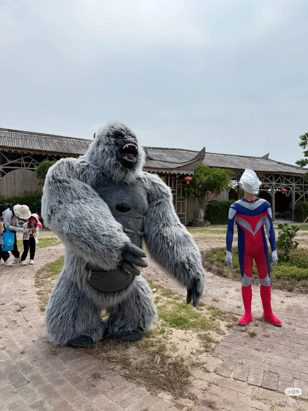 A grey king kong mascot costume standing next to a person in a superhero costume.