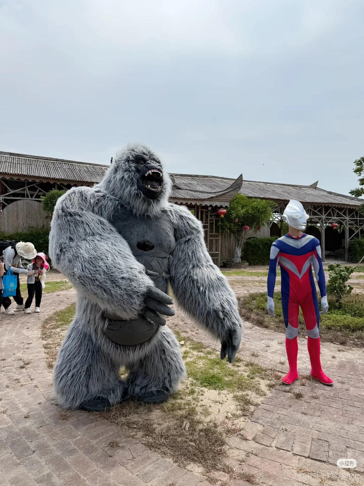A grey king kong mascot costume standing next to a person in a superhero costume.