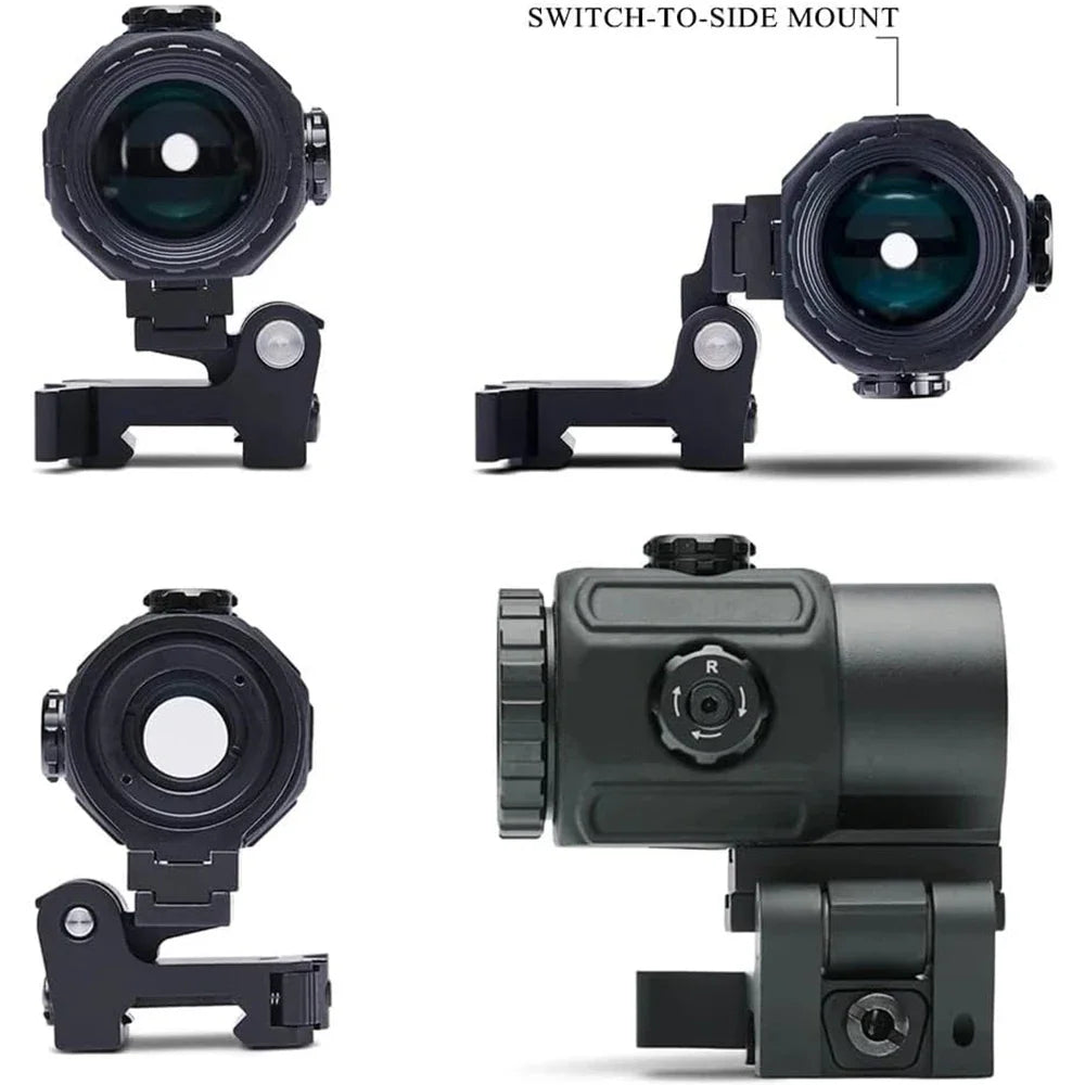 Different angles of a black tactical magnifier with a switch-to-side flip mount